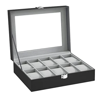 Bild av SONGMICS Klockbox med 10 spår, klockfodral glaslock, klockdisplaybox avtagbara klockkuddar, metalllås, presentidé, svart syntetiskt läder, gröngrått foder JWB010BK