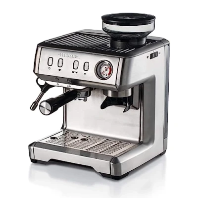 Bild av Ariete 1313, kaffebryggare med manometer, integrerad kaffekvarn, kompatibel kaffepulver och ESE pad, 15 bar maximalt, 1 eller 2 koppfilter, cappuccinomunstycke, 600 W, silver