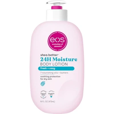 Bild av eos Shea Better Body Lotion Fresh &amp; Cozy, 24 timmars fukt hudbil, lätt och icke grå, tillverkad av naturlig shea, vegan, 40 ml