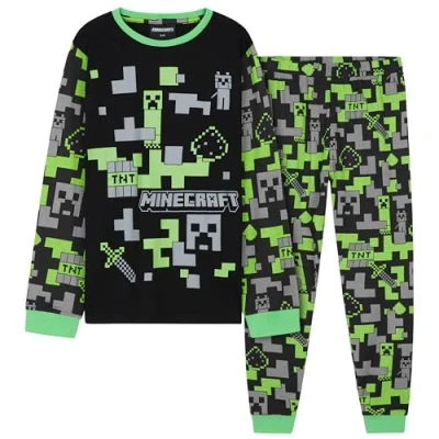 Bild av Minecraft Pyjamas 2 delat set, byxor och t shirt för barn 7 14 år, presenter pojke jul, Svart/grön, 13 år