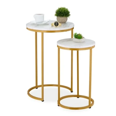 Bild av Relaxdays sattbord, set om 2, 2 storlekar, marmorutseende, metall, runda sidobord, vardagsrum soffbord, vit/guld