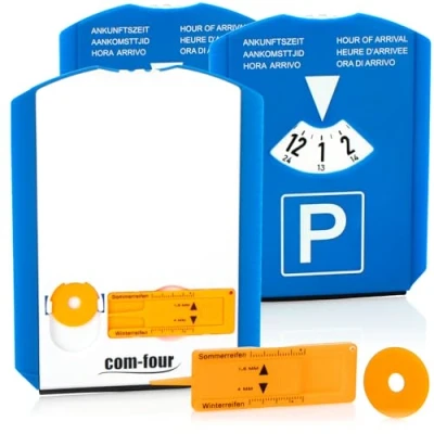 Bild av COM FOUR® 3x parkeringsskiva med isskrapa, gummiläpp, kundvagnschip och däckslitekniv parkeringsmätare av plast (03 st spån+profilkniv)