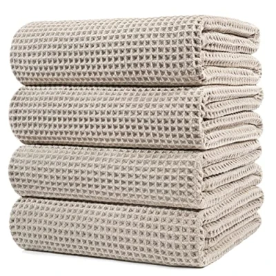 Bild av POLYTE Mikrofiber överdimensionerad snabbtorkande luddfri badhandduk, 152 x 76 cm, 4 pack (beige, våffelväv)