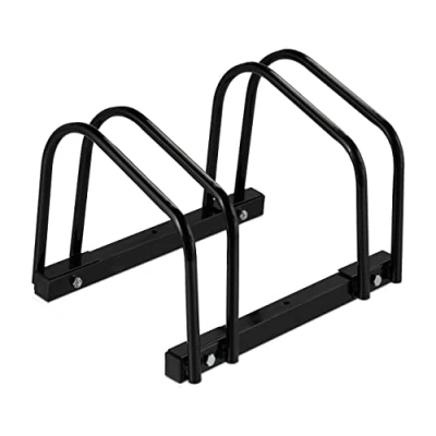 Bild av Relaxdays cykelställ, för 2 cyklar, av metall, med monteringsmaterial golv, H x B D: 27 40,5 33 cm, svart