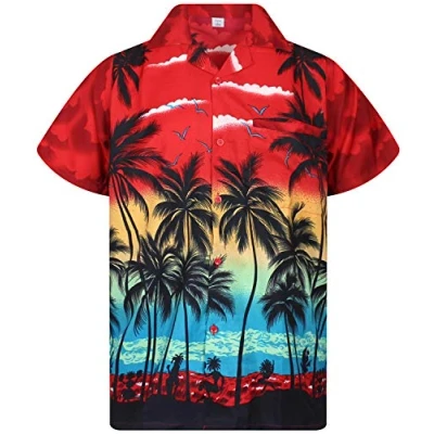 Bild av V.H.O. Funky Hawaii skjorta för män, kortärmad med frontficka och tryck: strand, palmer olika färger, Strand röd, XL