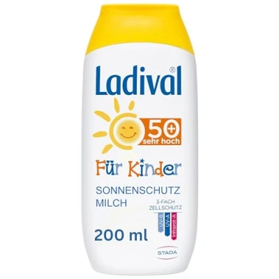 Bild av Ladival Solmjölk för barn, SPF 50+ parfymfri solskyddslotion utan färgämnen och konserveringsmedel, vattentät 1 x 200 ml