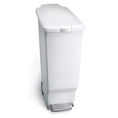 Bild av simplehuman CW1362 40L smal återvinning kökspedalbehållare med locklås, tyst mjukt stängande lock, inbyggda hjul, stay open vit plast, B 26,0 cm x H 64,0 D 49,0