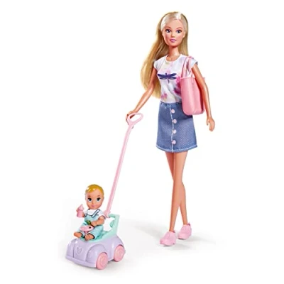 Bild av Simba 105733585Y06 Steffi LOVE Bebisbil med sin Bebis, 2 i 1 Sparkbil, Handväska och Många Fler Accessoarer, 12 Delar, 29+7 cm, Från 3 år