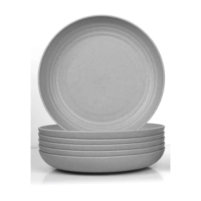Bild av Djupa tallrikar, okrossliceh, set om 6, för pizza, pasta, bröd, mellanmål, sallad, lätta mattallrikar plast med 2 spolborstar, mattallrikar, plast, mikrovågsugnar och diskmaskinssäkra (grå, 22,6)