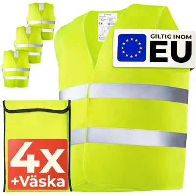 Bild av 4 Reflekterande Väst för Bil Set med Väska Certifierad EN ISO 20471, Giltig i Hela Europa Idealisk Bil, Bygg Universell Storlek Gul