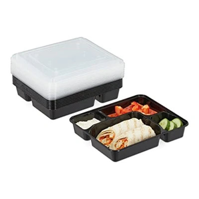 Bild av Relaxdays Meal Prep lådor, set om 10, 4 fack, 1 000 ml, mikrovågsugn, matlåda med lock, plast, svart