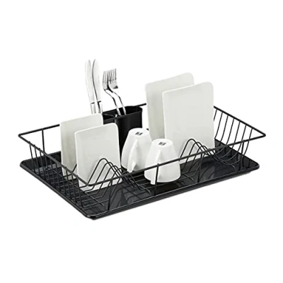 Bild av Relaxdays Diskställ, bestickkorg &amp; droppskål, diskställ kök, droppgaller, plast, metall, svart, 1 st