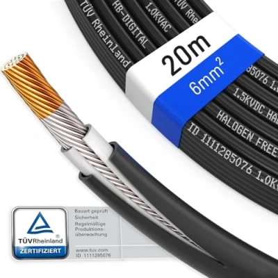 Bild av hb digital solkabel H1Z2Z2 K 20m TÜV Rheinland testad 6 mm² UV beständig flexibel ren koppar 1500V solcellsförlängningskabel för solpanel växelriktare laddningsregulator svart