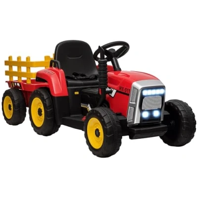 Bild av HOMCOM Elektrisk traktor med släpvagn, sitttraktor fjärrkontroll, elbil för barn MP3 funktion, barnfordon strålkastare, 36 km/h, år barn, röd