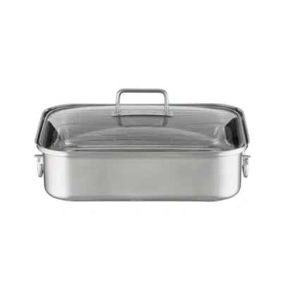 Bild av RÖSLE EXPERTISO rektangulär, högkvalitativ gryta med glaslock, 18/10 rostfritt stål, ugnssäker, induktionssäker, diskmaskinssäker, silverfärgad, 38 x 28 cm