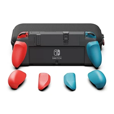 Bild av Skull &amp; Co. NeoGrip Bundle for Nintendo Switch OLED and Regular Model: An Ergonomic Grip Hard Shell with Replaceable Grips [to fit All Hands Sizes] [with Carrying Case] Neon Blue(L)+Neon Red(R)