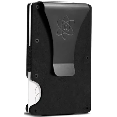 Bild av ROSSM RFID blockerande herrplånbok Minimalistisk kolfiber och metall korthållare för män med klämma elastisk sedelband, Svart läder, Money Clip,