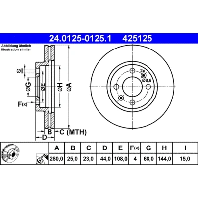 Bild av ATE 24.0125 0125.1 Disque de frein 280,0 25,0 4 108,0 ventilé revêtu SAAB: 9000 5 portes