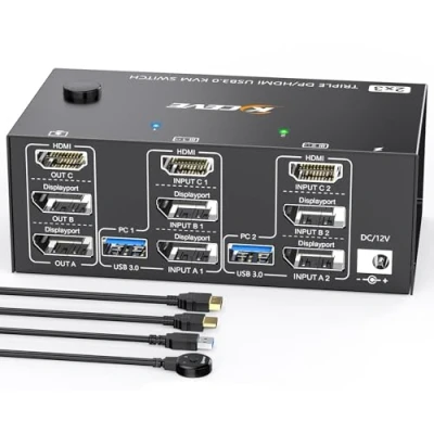 Bild av ESKEVE KVM omkopplare 2 PC 3 bildskärmar 8K@60Hz 4K@144 Hz, trippelskärm, switch DisplayPort HDMI och 4 USB 3.0 portar för delar bildskärmar, tangentbord, mus, med 12 V DC strömförsörjning