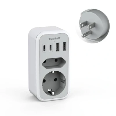 Bild av TESSAN Adapter USA Tyskland Kontakt, 6 i 1 Reseadapter med 2 USB C och A, Plug Till EU, Uttag USA, Resekontakt för Kanada Thailand Mexiko, Nätadapter Typ B