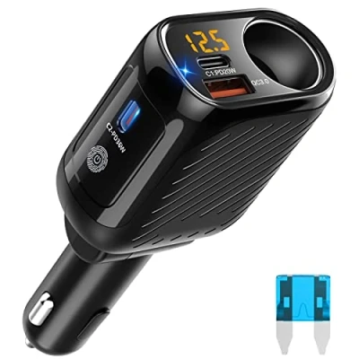 Bild av Cigarette Lighter Splitter, 2 Socket USB C Car Charger Adapter Type Multi Power Outlet 12V/24V 150W DC with LED Voltmeter Switch Dual Port