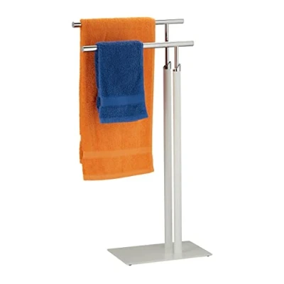 Bild av Relaxdays stående handdukshållare, 2 stänger, H x B D: 78 44 20 cm, handdukshållare för badrum, stål, vit/silver
