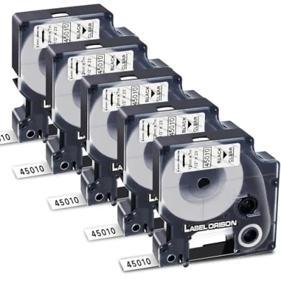 Bild av Label Orison Kompatibla märkband som ersättning för Dymo 45010 svart på transparent 12 mm x 7 m etikettband LabelManager LM160 LM210D LM260P LM280 LM360D LM420P, 5 pack