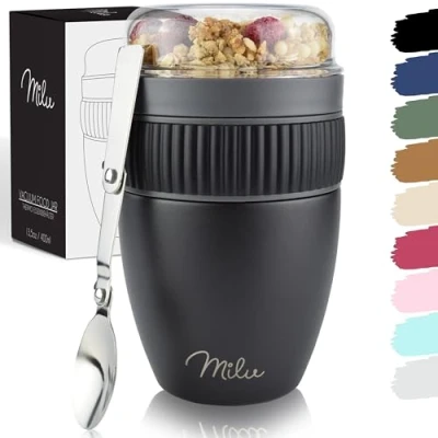 Bild av Milu Muesli Cup to go 400ml I isolerad yoghurtkopp för müsli läckagesäker kopp med sked yoghurt/gröt (Svart)