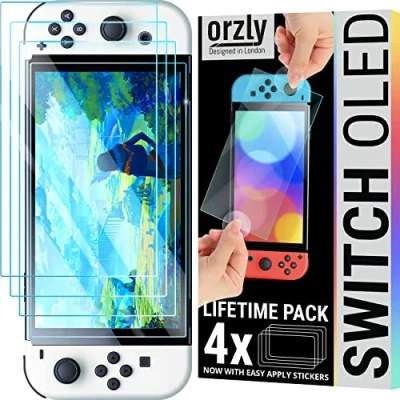 Bild av Orzly screen protectors bundle for Nintendo switch OLED console 2021 model 4 Pack tempered glass with easy installation accessories Lifetime edition