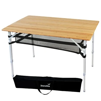 Bild av Skandika Bambu campingbord Tolja fällbart bord med näthylla, olika storlekar, höjdjusterbar, aluminium, trä, väderbeständig, UV resistent fällbord för camping, trädgård, balkong