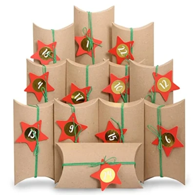 Bild av 24 Advent Calendar Pillowboxes med dekorationsetiketter och nummerklistermärken Jul guld kuddlådor av kartong att fylla utforma
