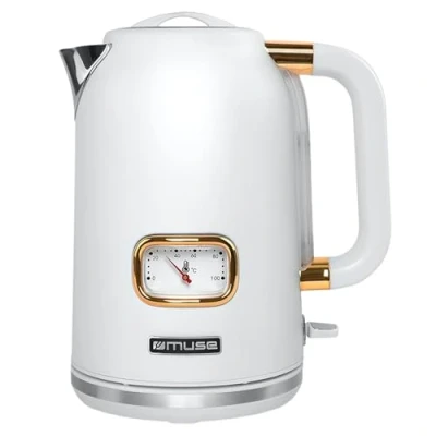 Bild av MUSE rostfritt stål retro vattenkokare med analog temperaturdisplay, filter, transparent skala, 1,7 l kapacitet, automatisk avstängning, matt vit guld (MS 030 W)