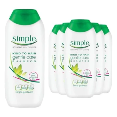 Bild av Simple Gentle Shampoo för känslig hud och hår, hudvänlig, mjuk fuktgivande hårtvätt alla hårtyper färger (6 x 200 ml)