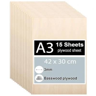 Bild av 15 stycken plywood 3 mm, 42 x 30 cm, lindplywood, tunna halvfabrikat, träplattor för pyssel, laserarbete, eldmålning, modellbygge, dekoration, målning