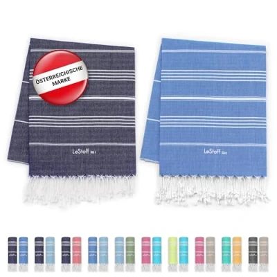 Bild av LeStoff Premium hamam handduk (set om 2) 100 % ekologisk bomull förtvättad, hållbar, absorberande och snabbtorkande strand, bad, dusch, yoga, spa resehandduk (95 x 180 cm, marinblå