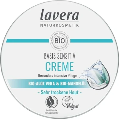 Bild av lavera Basis Sensitiv universalkräm intensiv vård för torr hud ekologisk aloe vera &amp; mandelolja fuktgivande VEGAN 150 ml