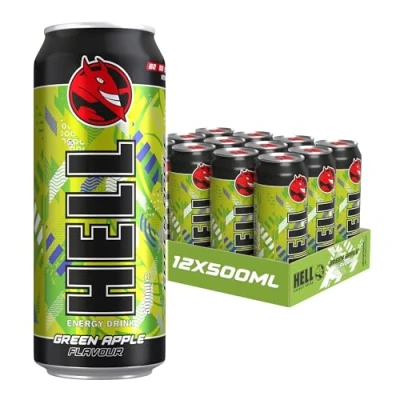 Bild av HELLGREEN APPLE Energy Drink +20% More Caffeine Vitamins B2, B3, B6, B12, C &amp; D No Preservatives Environmentally Friendly Packaging 12 x 500 ml Compatible with HELL