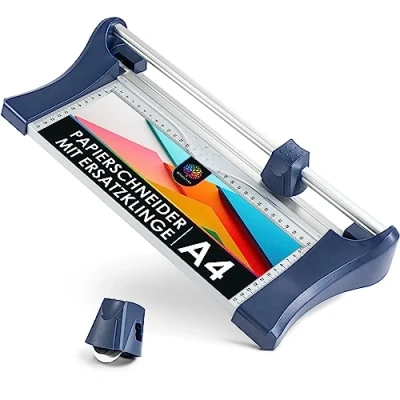 Bild av OfficeTree pappersskärare inkl. 1 ersättningsblad manuell skärmaskin för papper DIN A4 8 ark av metall halkfri användning tack vare låsfliken