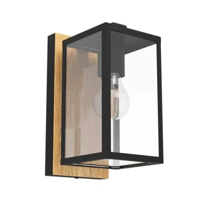 Bild av EGLO vägglampa utomhus Budrone, utomhusbelysning husvägg, utomhus, av metall i svart och trälook, glas transparent, E27 sockel, IP44