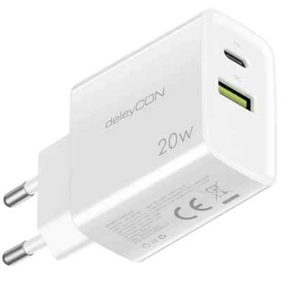 Bild av deleyCON Laddare USB A och C (2 Portar Snabbladdning) Nätadapter för iPhone 16/15/14/13/12/11 iPad Galaxy S24/S23 Pixel Mobiltelefon PD 3.0 Vit
