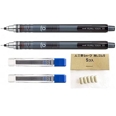Bild av Uni Ball Kuru Toga 0.5mm Self Sharpening Mechanical Pencil Smoke Barrel Pack of 2 + 24 Free Leads and 5 Erasers
