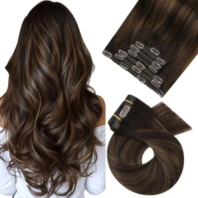 Bild av Moresoo Clip in Extensions brun balayage i hårförlängning äkta hår ombre mörkbrun med mellanbrun Remy 120 gram 45 cm #2/6/2 slät 7 hårslingor dubbla