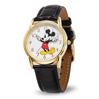 Bild av Disney Musse Pigg vuxen Klassisk Cardiff artikulerande händer analog kvarts läderrem klocka, Silver, röd,