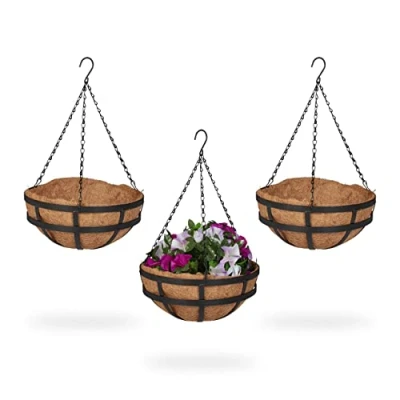 Bild av Relaxdays Blomampel set om 3, kokosinlägg, H x D: 50 31 cm, hängande växter, inomhus och utomhus, metallram, brun/svart