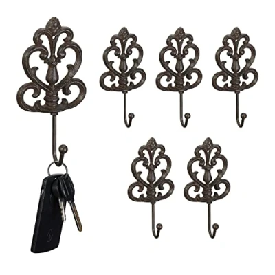 Bild av Relaxdays Garderobskrok, set om 6, gjutjärn, antik design, krokar per H x B D: ca. 17 8,5 4,5 cm, väggkrok, brun
