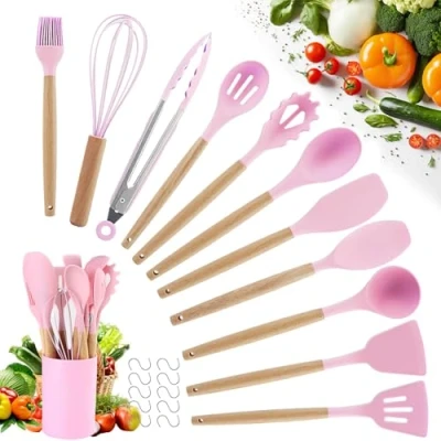 Bild av Köksredskap Silikon Set Matsked Kök 22 Stycken Silikonkapsel Köksartiklar Utrustad med 10 Krokar (Rosa)