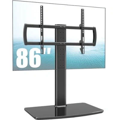 Bild av Universellt TV stativ/bas bordsskiva stativ med väggfäste för 40 till 86 tum 5 nivåer höjd justerbar, tålig härdat glasbas, rymmer upp 66 kg skärmar, HT03B 003P