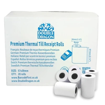 Bild av Double Dragon 57 x 30 mm premium termiskt papper till kvittorulle för alla PDQ kreditkortsmaskiner [20 rullar paket med 1]