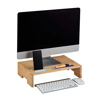 Bild av Relaxdays Bamboo monitorstativ, 3 fack, skärmhöjning skrivbord, monitorunderkonstruktion, HBT: 10,5 x 41 28 cm, natur, 100 %