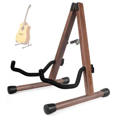 Bild av Trägitarrstativ, gitarrgolvstativ, akustisk elektrisk träram, hopfällbar gitarrhållare, justerbar för bas, cello, mandolin, banjo, ukulele (svart valnöt)
